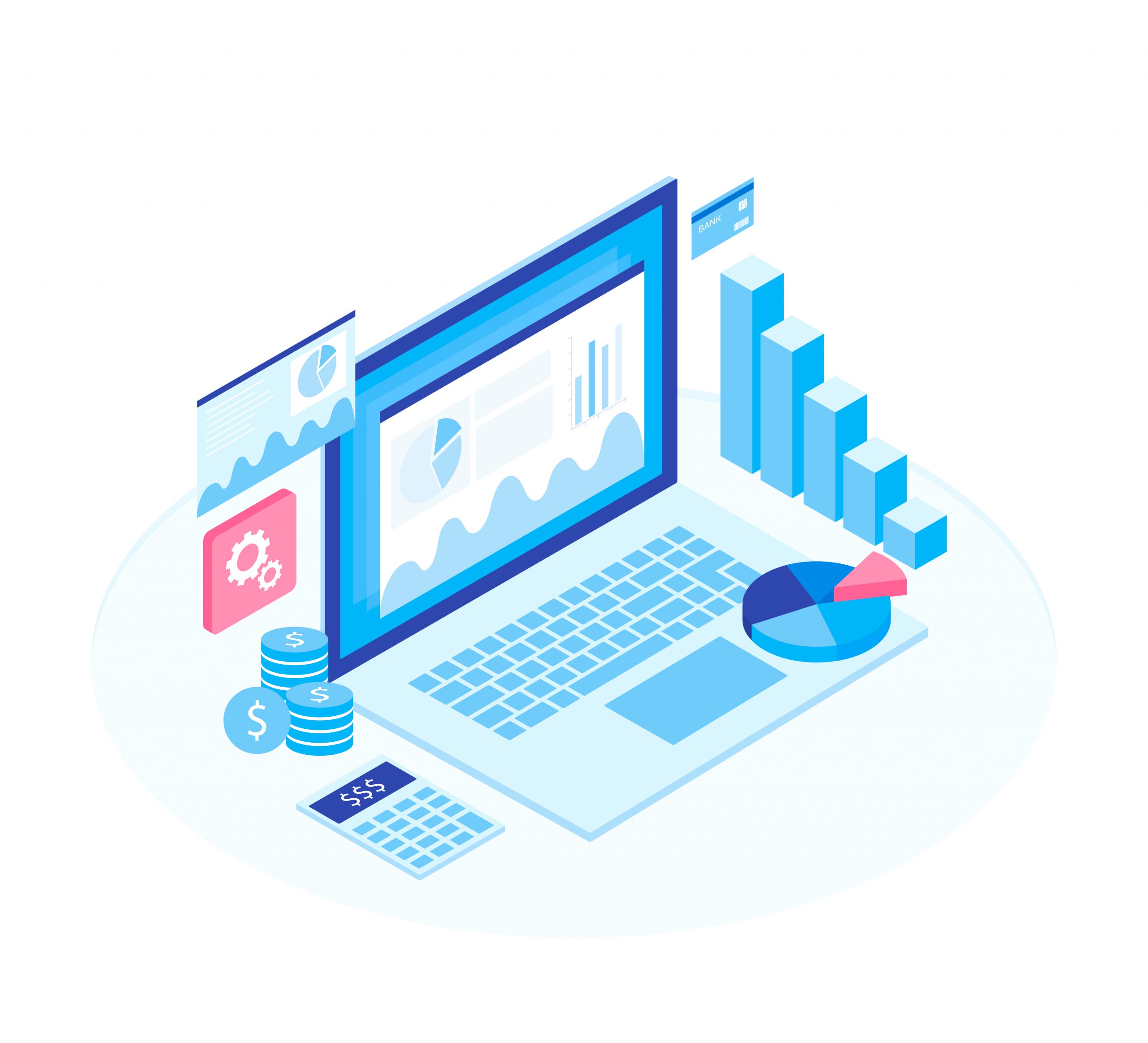 Concept,Business,Strategy.,Analysis,Data,And,Investment.,Isometric,Elements.,Business computer with data infographic